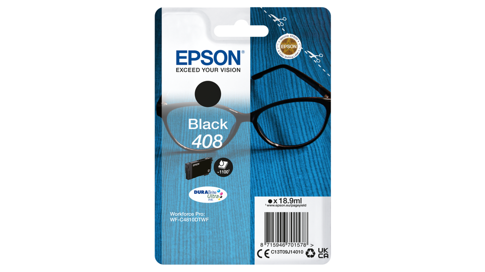 Epson Singlepack Black 408 DURABrite Ultra Ink, 18.9ml, WorkForce Pro WF-C4810DTWF, WorkForce Pro WF-C4310DW.