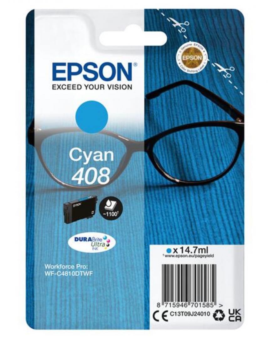 Epson Singlepack Cyan 408 DURABrite Ultra Ink, 14.7ml, WorkForce Pro WF-C4810DTWF, WorkForce Pro WF-C4310DW.