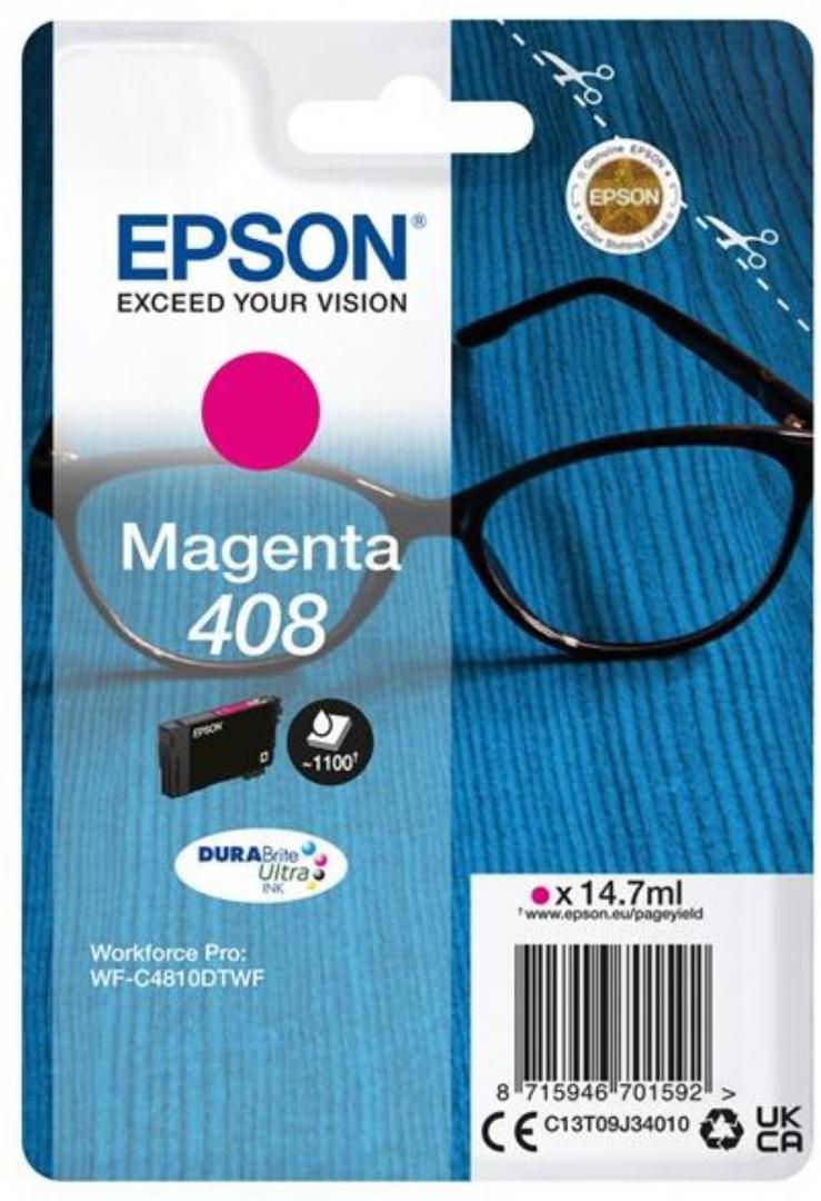 Epson Singlepack Magenta 408 DURABrite Ultra Ink, 14.7 ml, WorkForce Pro WF-C4810DTWF, WorkForce Pro WF-C4310DW.