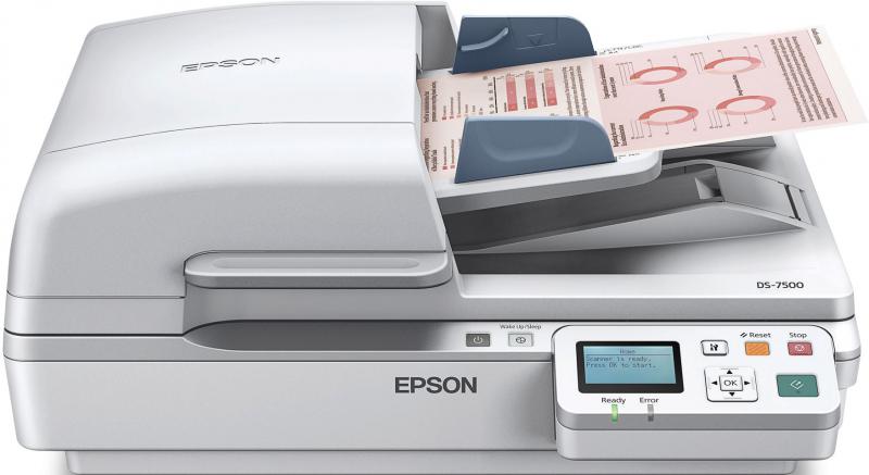 Scanner Epson DS-7500N, dimensiune A4, tip flatbed, viteza scanare: 40ppm alb-negru si color, rezolutie optica 1200x1200dpi, ADF 100 pagini, duplex, senzor CCD, Scan to Email, Scan to FTP, Scan to Microsoft SharePoint, Scan to Print, Scan to Web folders, Scan to Network folders, software: ABBYY
