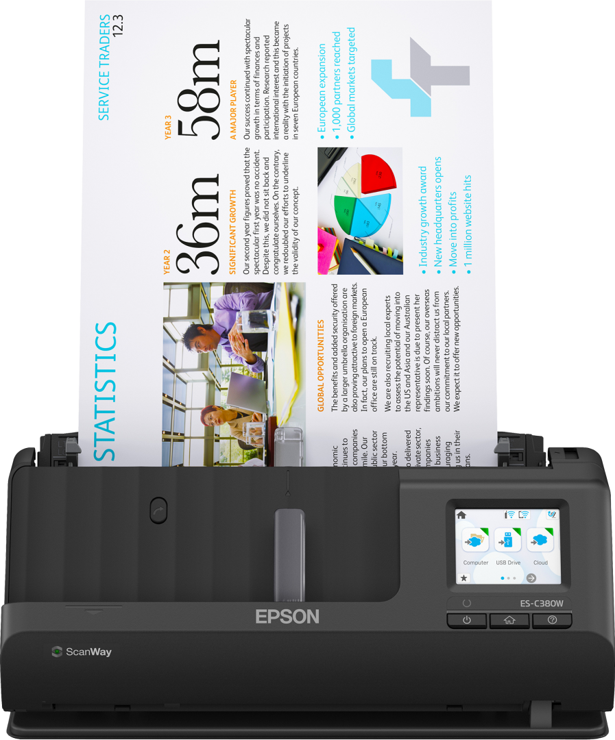 EPSON ES-C380W A4 Compact Network Sheetfed Scanner, PC-FREE scan, Rezolutie optica: 600 x 600 DPI,  Sursa lumina: ReadyScan LED technology, Viteza scanare:30ppm, Capacitate ADF: 20 coli, Volum scanare: 3500 pagini/zi, Duplex, Formate: BMP, JPEG, TIFF, multi-TIFF, PDF, searchable PDF, PDF/A, PNG