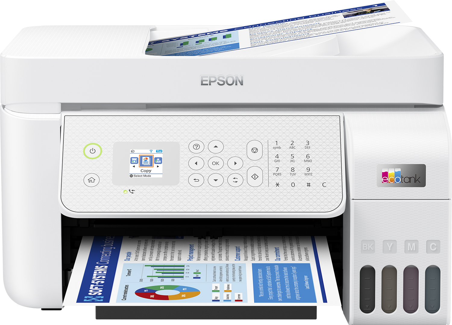 Multifunctional inkjet color Epson EcoTank CISS L5316, culoare: alb, dimensiune A4(Printare,Copiere, Scanare, Fax), printare borderless, viteza 33ppm alb-negru, 15ppm color, rezolutie 5760 x 1440 dpi, alimentare hartie 100 coli, ADF 30 coli, scanner CIS, rezolutie 1200 x 2400 dpi, interfata: USB