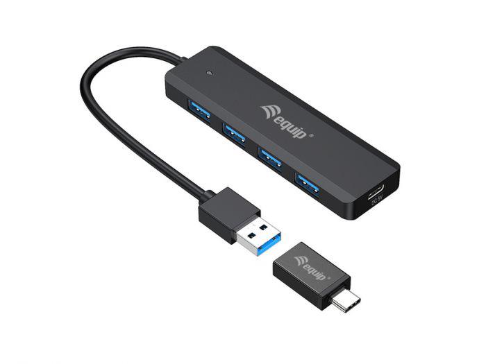 EQUIP 128959 4-Port USB 3.2 Gen 1 Hub with USB-C Adapter, 30x12.5x102mm