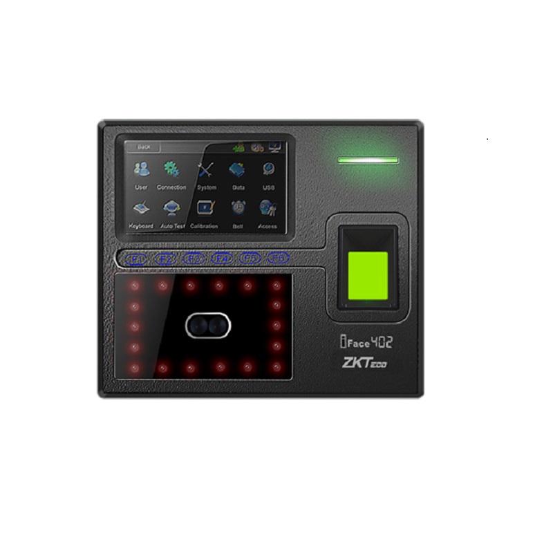 Controler de acces cu pontaj, recunoastere faciala, cititor de proximitate si amprenta, Alimentare: 12Vcc, 3A Cartele: 125KHz Capacitate 1200 fete 2000 amprente si  10 000 carduri Evenimente stocabile 100 000 Conectivitate Ethernet, RS232/485 si 2 USB host, viteza verificare 1 secunda; ecran color