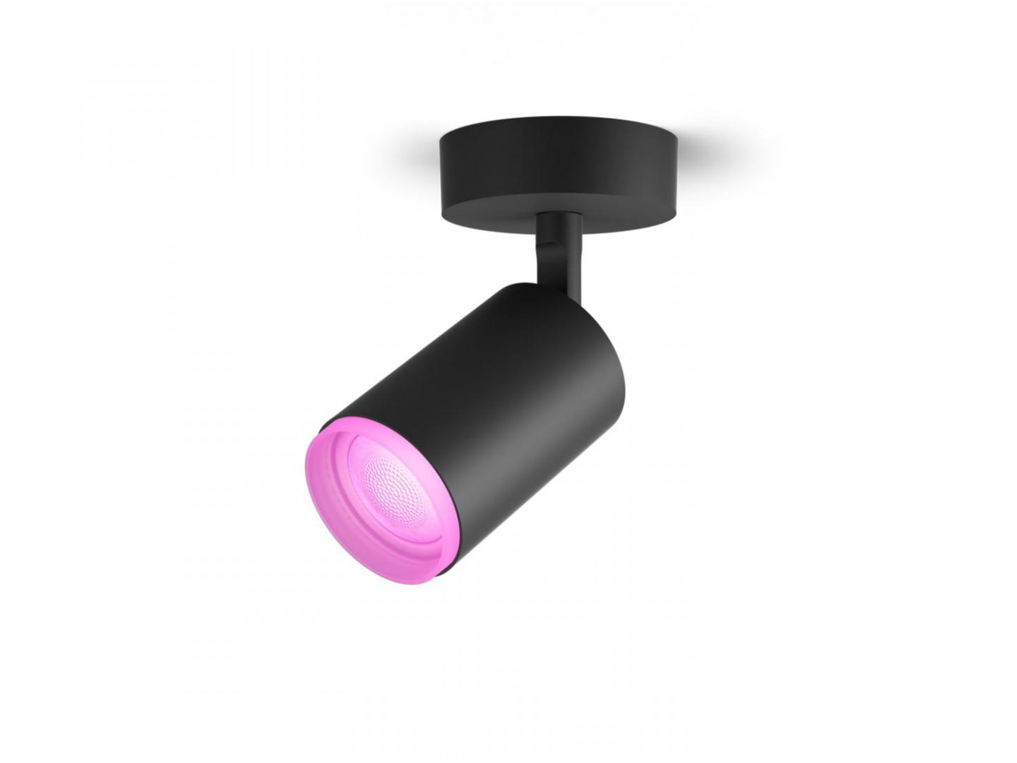 Spot LED RGB Philips Hue Fugato, Bluetooth, GU10, 5.7W, 350 lm ,luminaalba si color (2000-6500K), IP20, Metal, Negru