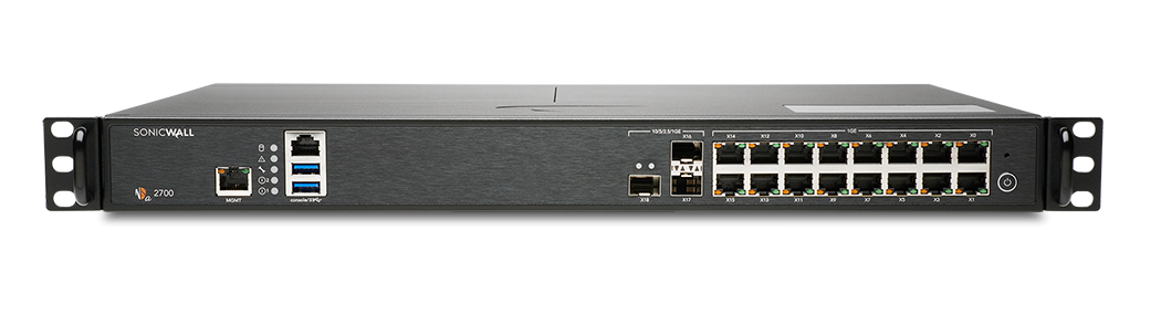 Firewall SonicWall model NSA2700, porturi: 16x1-GbE, 3x10G (SFP+), throughput: 5.2Gbps firewall, 3.8Gbps IPS, 2.2Gbps IPSec VPN, 1 slot expansiune stocare (pana la 256GB), modul de stocare 64GB, 1 port pentru management, 1 port consola, 1U, 250 de utilizatori, include servicii Advanced Edition