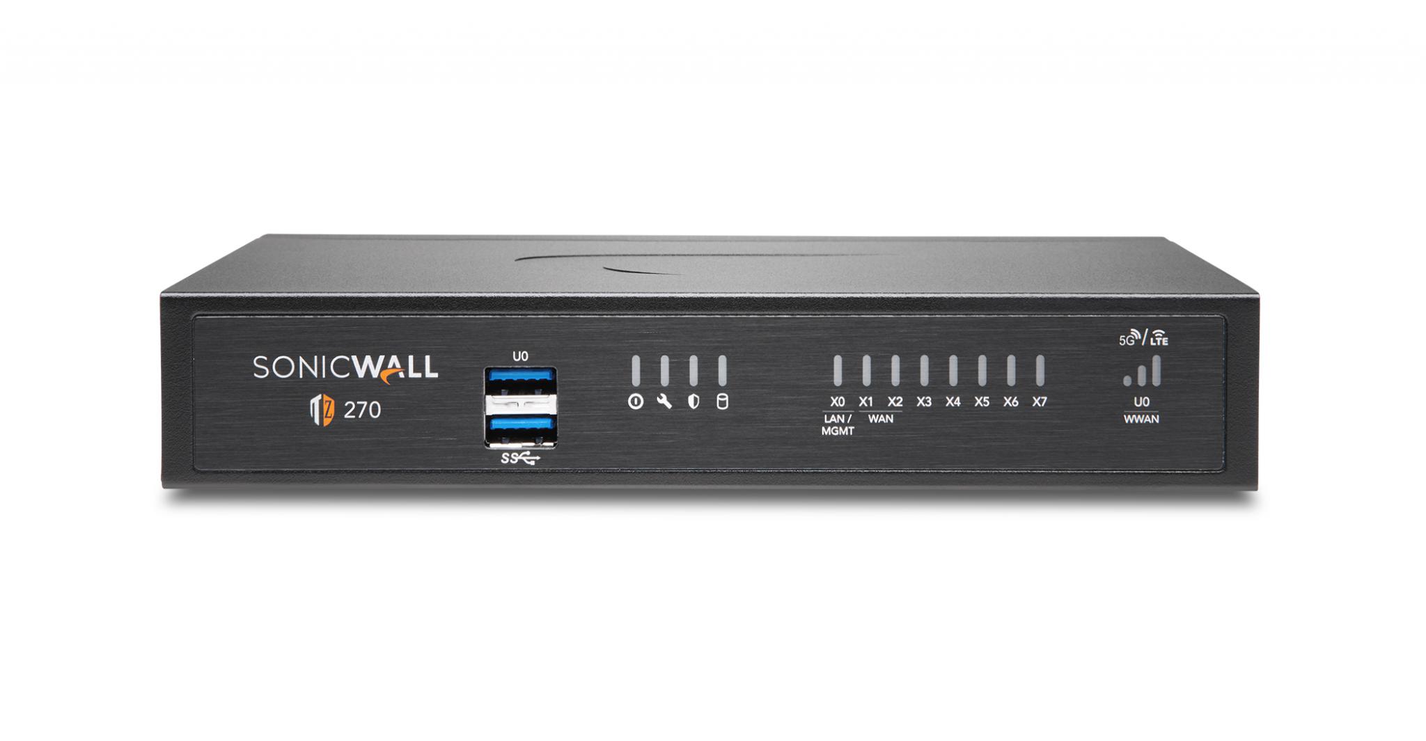 Firewall SonicWall model TZ270 8xGbE 2xUSB 3.0 firewall throughput 2Gbps, IPS throughput 1Gbps, VPN throughput 750Mbps, maxim 50 clienti SSL VPN, rackmount kit separat (02-SSC-3113), PSU alimentator (36W), licenta Total Secure Advanced Edition (capture advanced threat, gateway antivirus