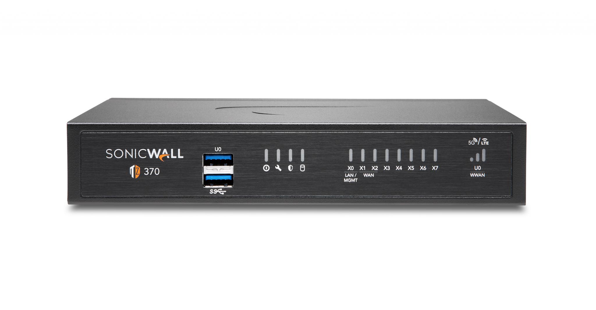Firewall SonicWall model TZ370 8xGbE 2xUSB 3.0 firewall throughput 3Gbps, IPS throughput 1.5Gbps, VPN throughput 1.3Gbps, maxim 100 clienti SSL VPN, rackmount kit separat (02-SSC-3113), PSU alimentator (36W), necesita licenta aditionala servicii securitate