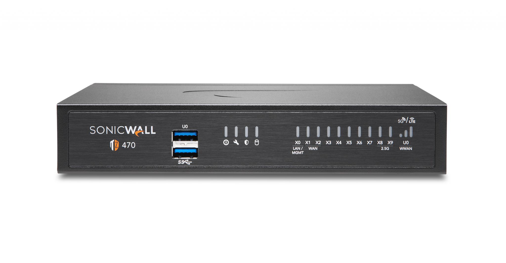 Firewall SonicWall model TZ470 8xGbE 2xUSB 3.0 firewall throughput 3.5Gbps, IPS throughput 2.Gbps, VPN throughput 1.5Gbps, maxim 150 clienti SSL VPN, rackmount kit separat (02-SSC-3113), PSU alimentator (36W), licenta Total Secure Advanced Edition (capture advanced threat, gateway antivirus
