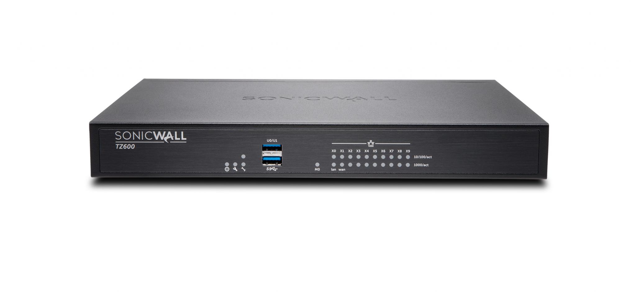 Firewall SonicWall model TZ600, porturi: 8x1-GbE, 1xLAN, 1xWAN ,throughput: 500 Mbps DPI, 200 Mbps DPI SSL, 1 slot expansiune, 1 portconsola, 2 porturi USB, secure power, pana la 150 utilizatori, necesitalicenta aditionala servicii securitate