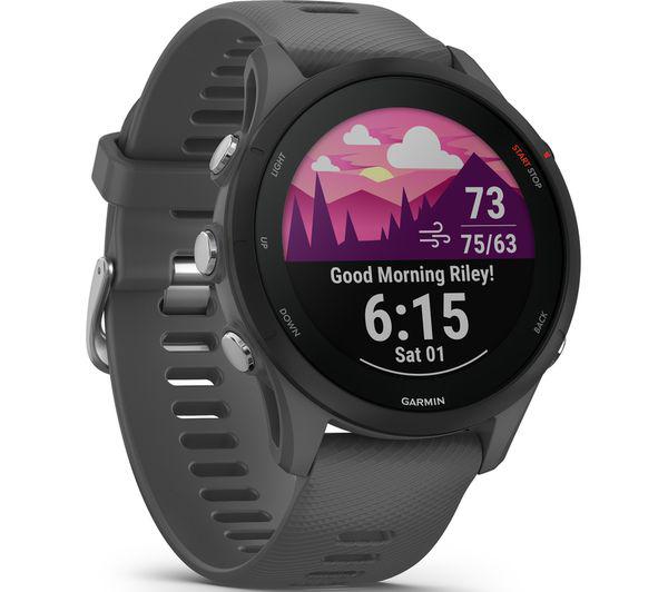 Ceas Garmin Forerunner 255, display 33mm, rezolutie displat 260x260 conectivitate Bluetooth™, ANT+, NFC, USB, functii accelerometru, giroscop, barometru, busola, termometru pentru temperatura exterioară, durata de viata baterie mod ceas inteligent: până la 14 zile, modul GNSS numai cu GPS: până la