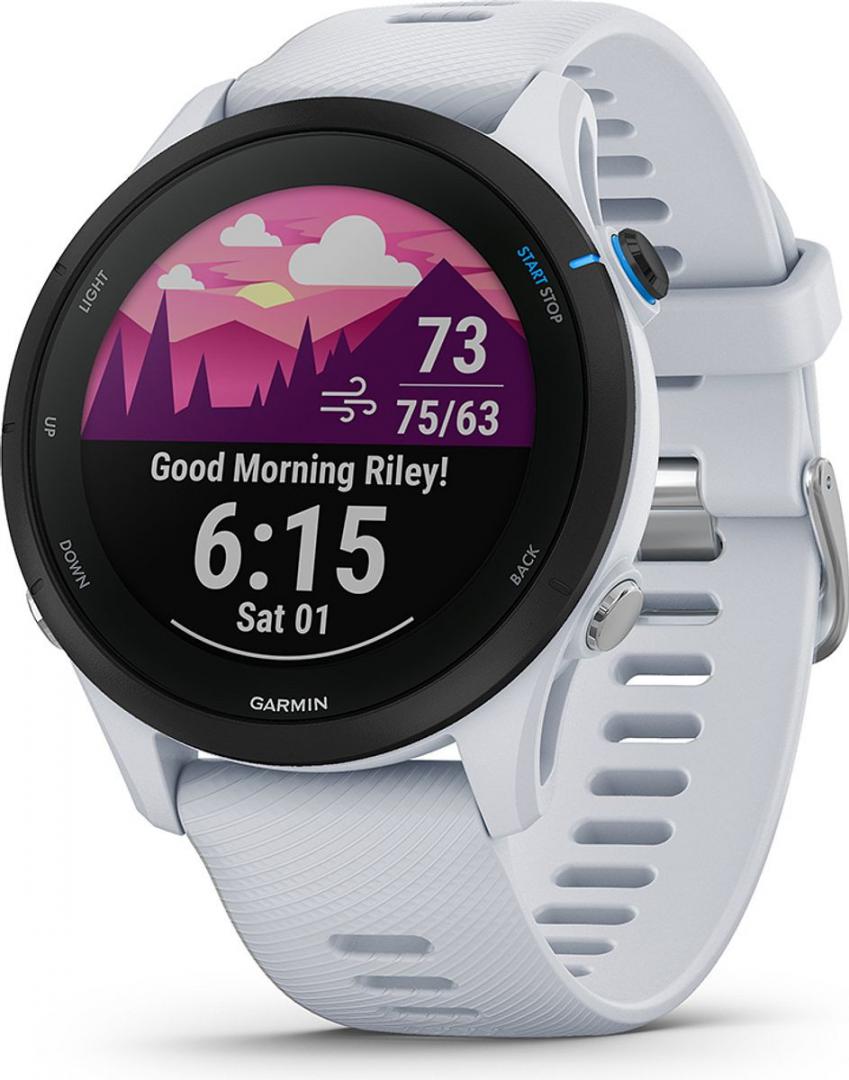 Ceas Garmin Forerunner 255, display 33mm, rezolutie displat 260x260 conectivitate Bluetooth™, ANT+, NFC, USB, functii accelerometru, giroscop, barometru, busola, termometru pentru temperatura exterioară, durata de viata baterie mod ceas inteligent: până la 14 zile, modul GNSS numai cu GPS: până la