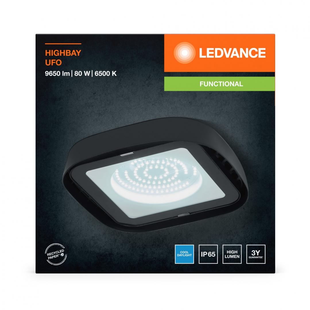 Corp LED industrial Ledvance HIGHBAY UFO, 80W, 220-240V, 9650 lm,lumina rece (6500K), IP65, Ø230mm, Negru