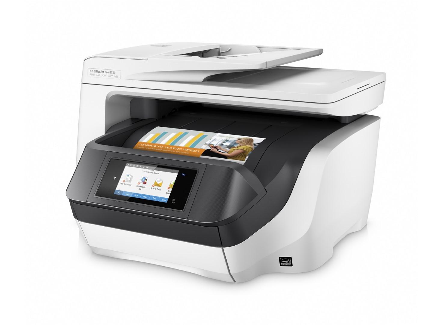 Multifunctional Inkjet color HP Officejet Pro 8730 e-All-in-One; Printer, Fax, Scanner, Copier, Web, A4, print (ISO speed): max 24ppm a/n, 20ppm Color, max 4800x1200dpi, HP PCL XL (PCL 6), native PDF, HP Postscript Level 3 emulation, 512 MB RAM, Duplex print/copy, borderless printing A4, CGD