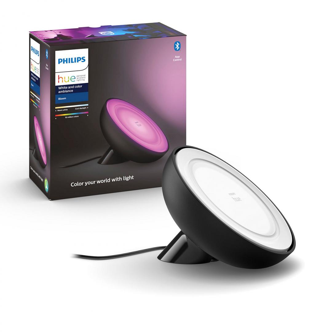 Lampa LED RGB Philips New Hue Bloom (gen4), Bluetooth, 7.1W, 500 lm ,lumina alba si color (2000-6500K), IP20, 12.6cm, Negru