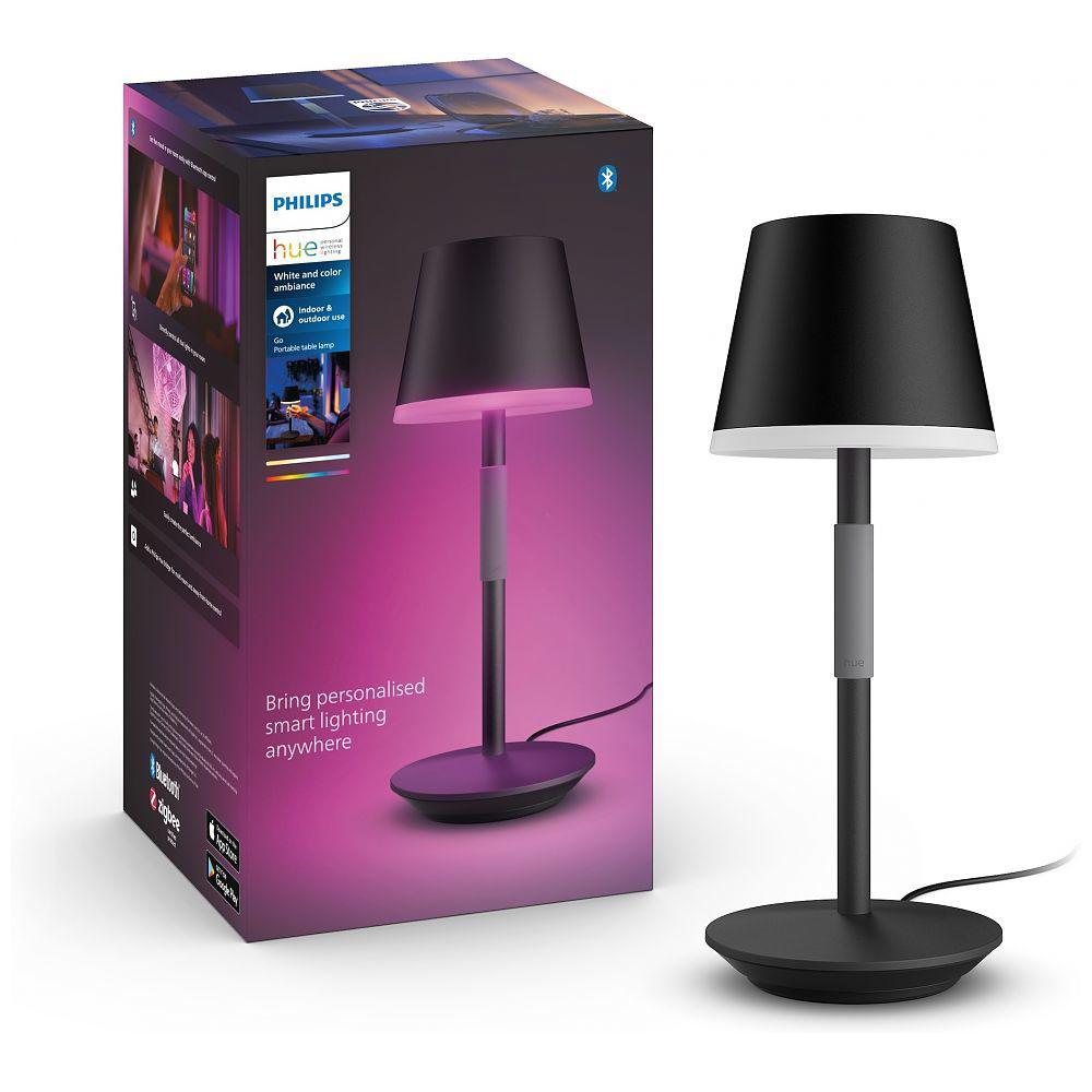 Lampa LED RGB Philips Hue Go, Bluetooth, cu acumulator, 6W, 530 lm ,lumina alba si color (2000-6500K), IP20, 35cm, Metal, Negru