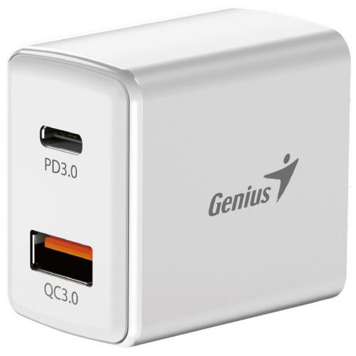 Incarcator retea Genius Quick Charge 20W, 1 x USB-A + 1 x USB Type-C, PD 20W USB-C sau USB-A, cablu USB-C 1m, alb