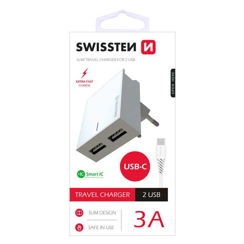 Swissten Smart IC / Set incarcator+Cablu USB to Type-C, 2xUSB, 3A, Cablu Type-C 1.2m, Suport telefon, Alb
