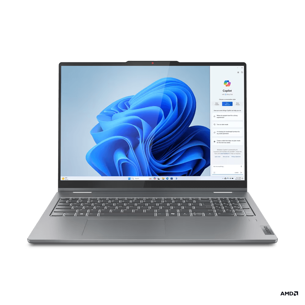 Laptop Lenovo IdeaPad 5 2-in-1 16AHP9, 16" WUXGA (1920x1200) IPS 300nits Glossy, 45% NTSC, 60Hz, TÜV Low Blue Light, Glass, Touch, AMD Ryzen™ 7 8845HS (8C / 16T, 3.8 / 5.1GHz, 8MB L2 / 16MB L3), video Integrated AMD Radeon™ 780M Graphics, RAM 16GB Soldered LPDDR5x-6400, Memory soldered to