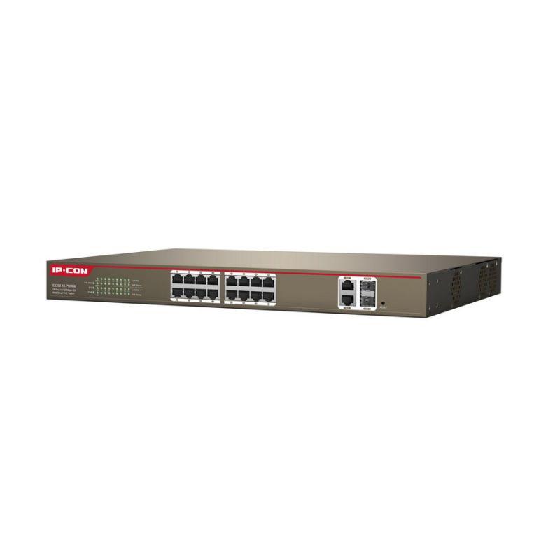 IP-COM S3300-18-PWR-M, 16-Port 10/100Mbps + 2 Gigabit Web Smart PoE Switch, Standards&Protocols: IEEE 802.3、 IEEE 802.3u、IEEE 802.3z、IEEE 802.3ab、 IEEE 802.3x、IEEE 802.1D、IEEE 802.1W、IEEE 802.1Q、 IEEE 802.3af、 IEEE 802.3at, Switching capacity: 7.2Gbps, 16 10/100Mbps RJ45 Ports (Data/PoE) 2