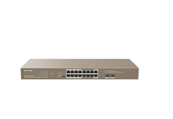 IP-COM switch TEG1118P-16-250W, 16-Port Gigabit Switch POE ,Standard and Protocol: IEEE802.3,IEEE802.3u, IEEE802.3ab, IEEE802.3z, IEEE802.3x, IEEE802.3af/at, 16 *100/1000, 2* 1000 Mbps, PoE power supply Single port: AF: 15.4W, AT: 30WWhole device: 230W.