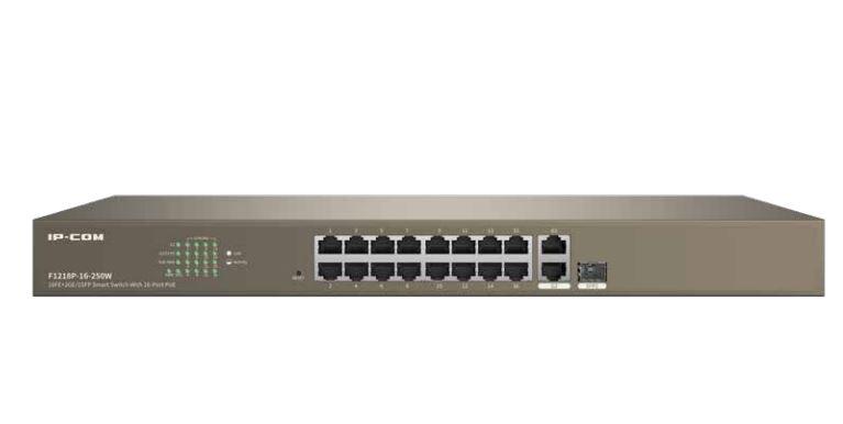 IP-COM switch F1218P-16-250W, 16-Port 10/100Mbps + 2 Gigabit + 1 SFP, 16 * 10/100 Mbps Base-TX RJ45 ports (Data/Power), 2 * 10/100/1000 Mbps Base-T RJ45 ports (Data), 1 * 10/100/1000 Mbps Base-X SFP port (Combo), Forwarding Rate: 5.36 Mpps, Switching Capacity: 7.2 Gbps, PoE Supply: Ports 1-16