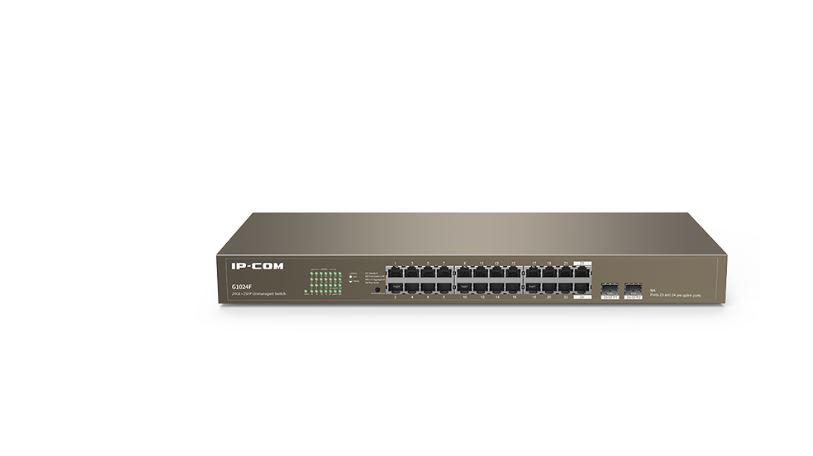 IP-COM 24-Port + 2 SFP Gigabit Ethernet Switch, G1024F; Standard and Protocol: IEEE802.3, IEEE802.3u, IEEE802.3x, IEEE802.3ab, interfata: 24 10/100/1000Mbps auto-negotiation ports，2 Gigabit combo SFP slots, 48Gbps.