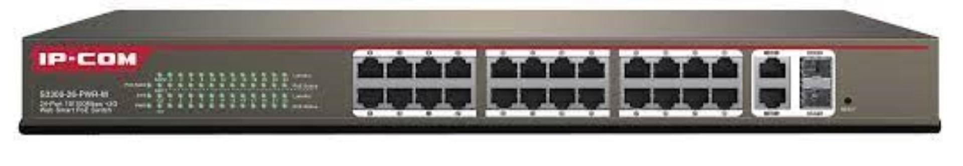 IP-COM S3300-26-PWR-M, 24-Port 10/100Mbps + 2 Gigabit Web Smart PoE Switch, Standards&Protocols: IEEE 802.3、 IEEE 802.3u、IEEE 802.3z、IEEE 802.3ab、 IEEE 802.3x、IEEE 802.1D、IEEE 802.1W、IEEE 802.1Q、 IEEE 802.3af、 IEEE 802.3at, Switching capacity: 8.8Gbps, 24 10/100Mbps RJ45 Ports (Data/PoE) 2