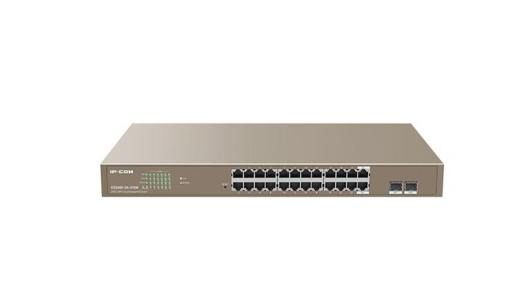 Ip-com switch G3326P-24-410W, 24-Port PoE, 24GE+2SFP Cloud Managed PoE Switch, interfata: 24 x 10/100/1000 Base-T Ethernet ports (Data/Power), 2 x 100/1000 Base-X SFP ports, Switching capability: 48 Gbps, Packet forwarding rate: 35.7 Mpps, Dimensiuni: 440 mm * 284 mm * 44 mm, Buget POE: 370W, Consum