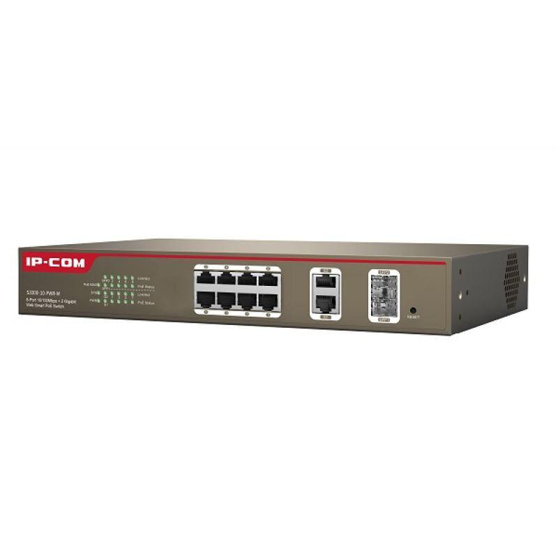 IP-COM S3300-10-PWR-M, 8-Port 10/100Mbps + 2 Gigabit Web Smart PoE Switch, Standards&Protocols: IEEE 802.3、 IEEE 802.3u、IEEE 802.3z、IEEE 802.3ab、 IEEE 802.3x、IEEE 802.1D、IEEE 802.1W、IEEE 802.1Q、 IEEE 802.3af、 IEEE 802.3at, Switching capacity: 5.6 Gbps, 8 10/100Mbps RJ45 Ports (Data/PoE) 2