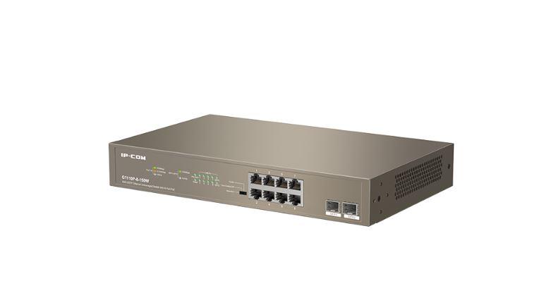 IP-COM switch G1110P-8-150W, 8-Port Gigabit + 2SFP, POE, Standarde: IEEE 802.3, IEEE 802.3u, IEEE 802.3ab, IEEE 802.3x, IEEE 802.3af/at, interfata: 8 x 10/100/1000 Base-T Ethernet ports (Data/Power); 2 x 100/1000 Base-X SFP ports, 20 Gbps, consum<150W, POE: 130W.