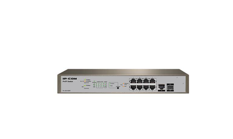 IP-COM PRO-S8-150W, 8 x 10/100/1000 Base-T Ethernet ports(PoE), 1 x 10/100/1000 Base-T Ethernet port(data), 1 x 1000 Base-X SFP port, Standards&Protocols: IEEE802.3、IEEE802.3u、IEEE802.3ab、IEEE802.3z、 IEEE802.3x、IEEE802.3af/at、IEEE802.1p、IEEE802.1q、IEEE802.1w、IEEE802. 1d、 IEEE802.1s, Switching