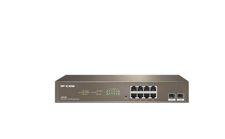 IP-COM 10-Port Gigabit Ethernet managed switch, G3310F; Network standard: IEEE 802.3, IEEE 802.3u, IEEE 802.3ab, IEEE 802.3x, IEEE 802.3z, and IEEE 802.1p/q/w/d, Interface: 8 x 10/100/1000Base-T Ethernet port, 2 x 1000Base-X SFP slot, Switching Capacity: 20Gbps, Packet Forwarding Rate: 14.9Mpps