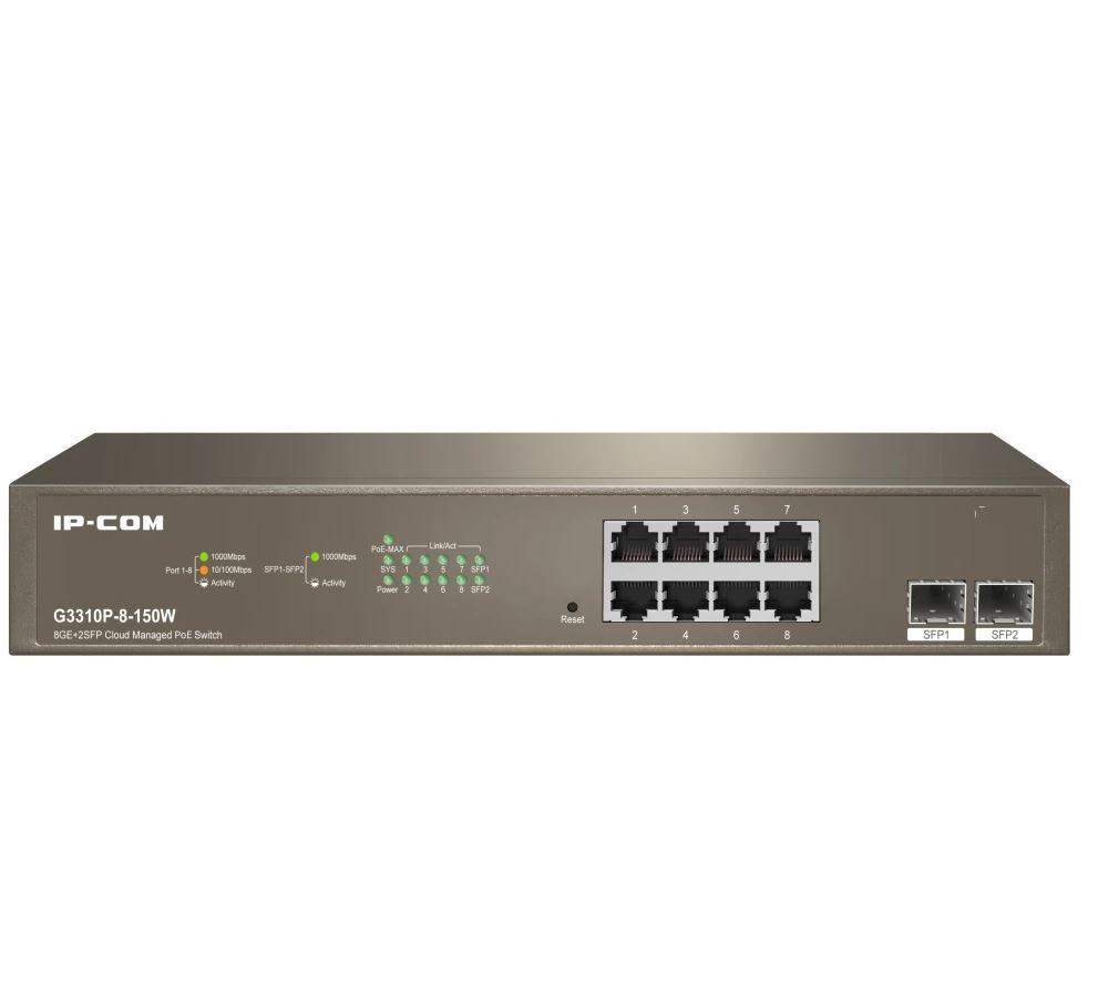 IP-COM 8-Port Gigabit Ethernet managed switch, G3310P-8-150W; Network standard: IEEE 802.3, IEEE 802.3u, IEEE 802.3ab, IEEE 802.3x, IEEE 802.3z, IEEE 802.1p, IEEE 802.1q, IEEE 802.1w, IEEE 802.1d, IEEE 802.3af, IEEE 802.3at, Interfata: 8 x 10/100/1000 Base-T Ethernet ports (Data/Power), 2 x 100/1000