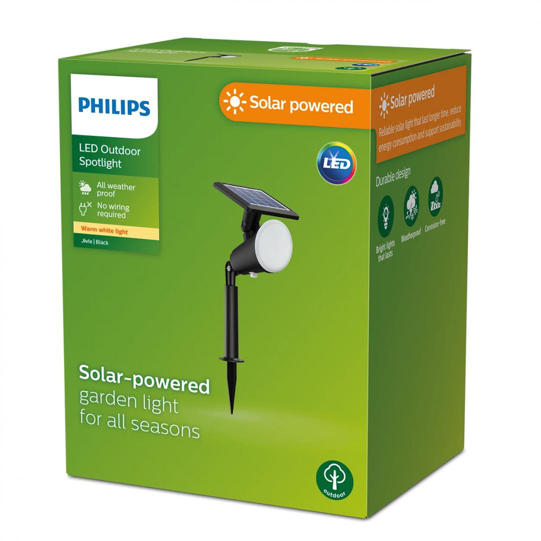 Spot LED solar pentru exterior cu spike Philips JIVIX, 1.4W, 4V, 150 lm, lumina calda (2700K), IP44, 323x151x105mm, Negru