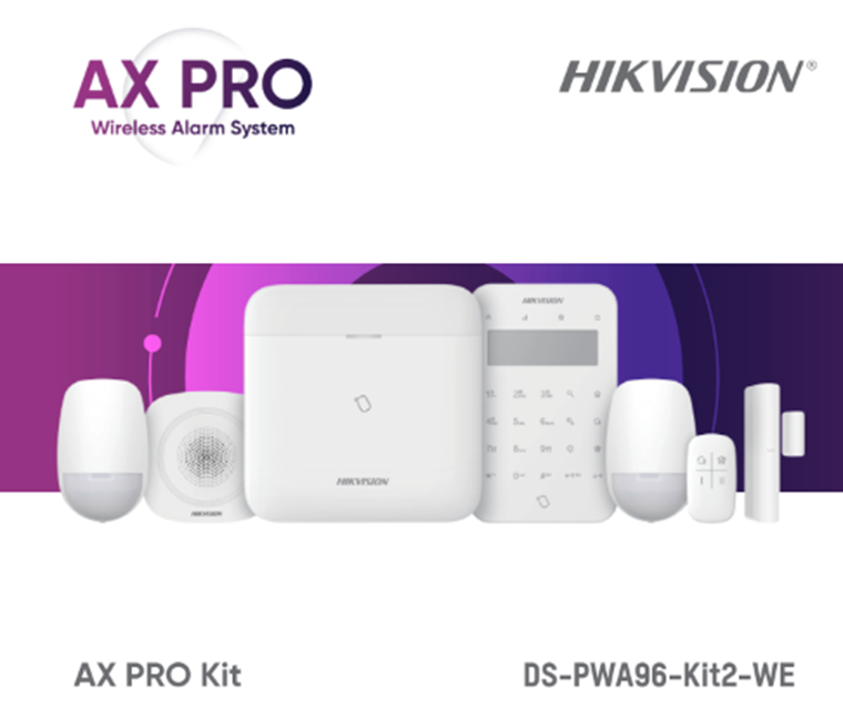 Kit de alarma wireless AX PRO Middle Level DS-PWA96-Kit2-WE contine: 1 x DS-PWA96-M-WE (96 zones wireless control panel), 2 x DS-PDP15P-EG2-WE (PIR motion sensor), 1 x DS-PDMC-EG2-WE (Magnetic Contact), 1 x DS-PK1- LT-WE (Wireless LCD Keypad), 1 x DS-PKF1-WE (Keyfob), 1 x DS-PS1-I-WE (Internal