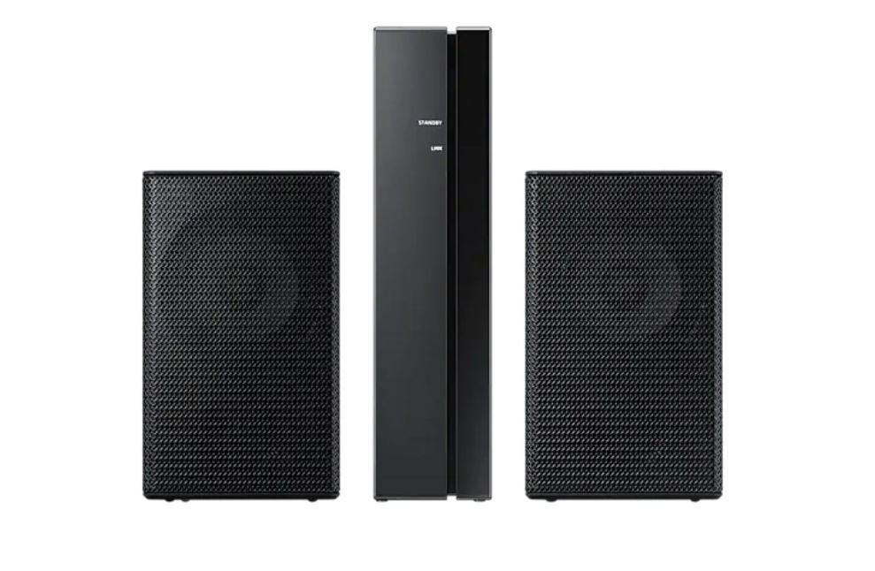 Kit wireless pentru soundbar Samsung SWA-9100S/EN, Tip Sistem: complet, Numar boxe: 3, Bluetooth, Numar canale: 2, Putere RMS totala: 120 W, Sunet surround, Negru