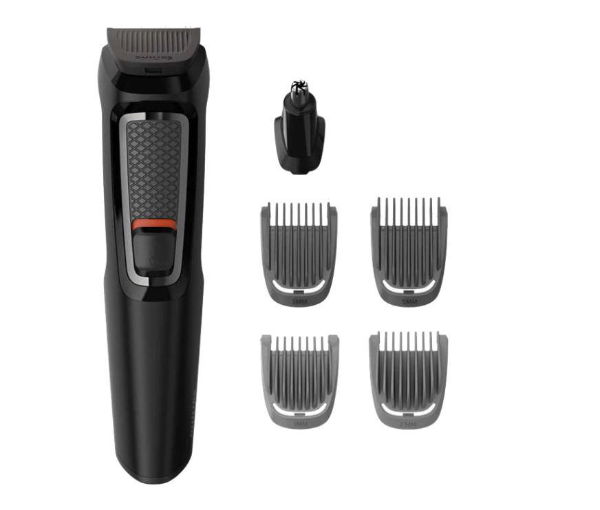 Kit de ingrijire 6 in 1 Philips Multigroom MG3715/14, lame cu ascutire automata, 6 accesorii lavabile, autonomie pana la 60 min, husa de depozitare, Negru