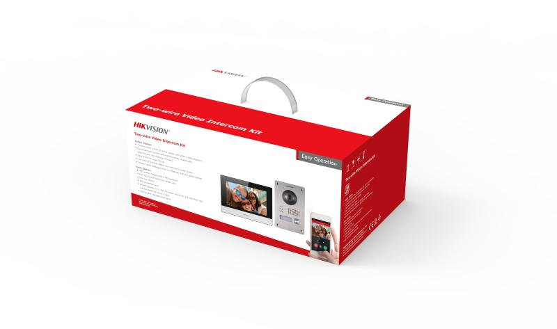 Kit videointercom IP Hikvision DS-KIS703Y-P, caracteristici post exterior: 2MP HD camera, IR: 3m, Main stream: 1280x720P, 1920x1080p, WDR, microfon inclus, difuzor inclus, 1 buton, alimentare: 12 V, 500 mA, temperatura de functionare: -40 °C to 60 °C; caracteristici post interior: ecran capacitiv