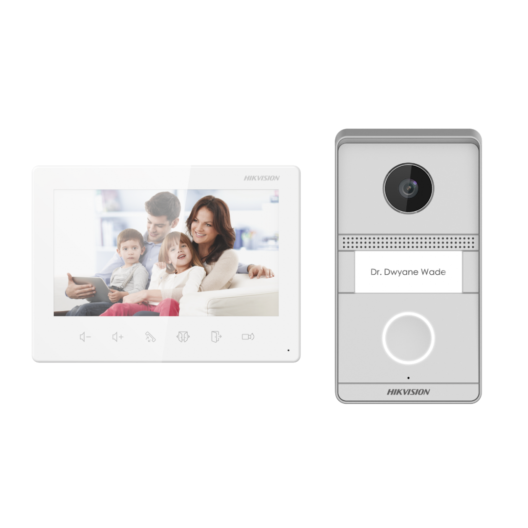 Kit videointerfon analog Hikvision DS-KIS101-P/Flush, conectare usoara pe 2 fire, plug & play, Kitul este format din: post exterior -1 buc ( 1 buton de apelare, camera color 2MP HD, rezolutie: 1024x600, audio: microfon si difuzor incorporat, IP65, IK7,iesire de releu x 2, montaj aplicat), post