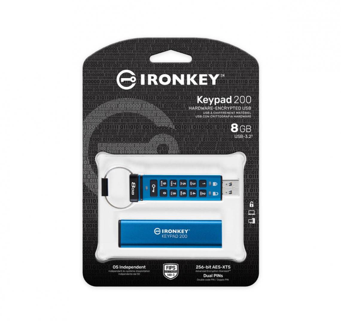 USB Flash Drive Kingston 8GB IronKey Keypad 200, USB 3.2 Gen1, FIPS 140-3 Lvl 3 (Pending) AES-256 Encrypted