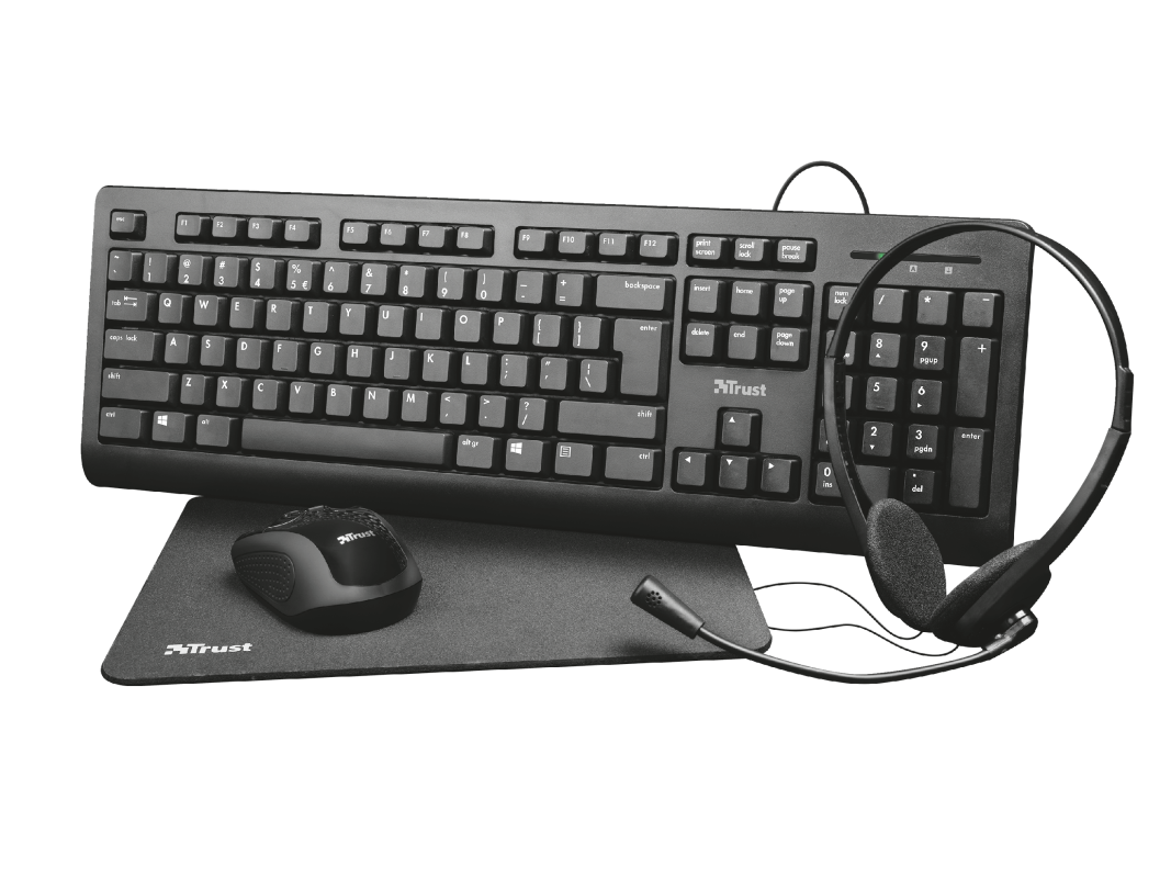 Kit office Trust Primo 4-in-1, contine tastatura, mouse wireless, casti si mouse pad, negru