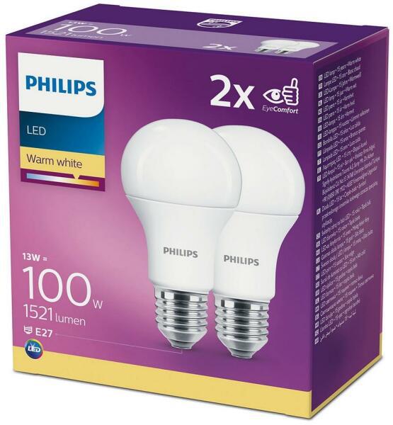 2 Becuri LED Philips A60, EyeComfort, E27, 13W (100W), 1521 lm ,luminacalda (2700K), mat