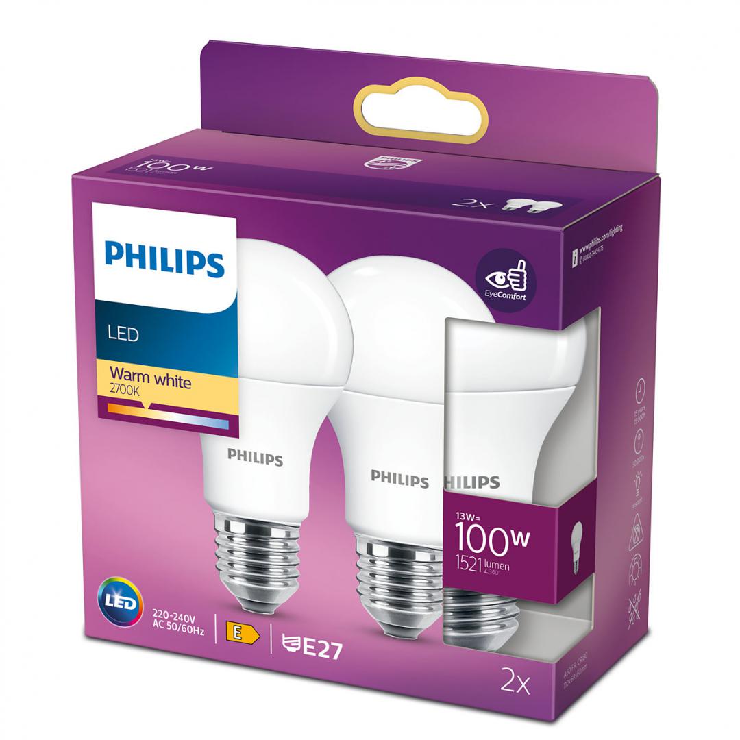 2 Becuri LED Philips A60, EyeComfort, E27, 13W (100W), 1521 lm, luminacalda (2700K), mat