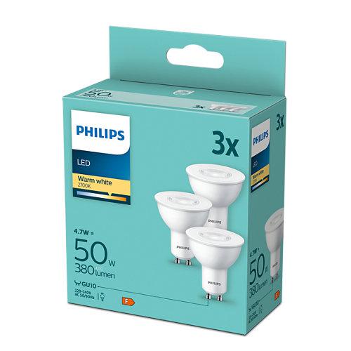 3 Becuri LED Philips Spot, GU10, 4.7W (50W), 380 lm, lumina calda(2700K)