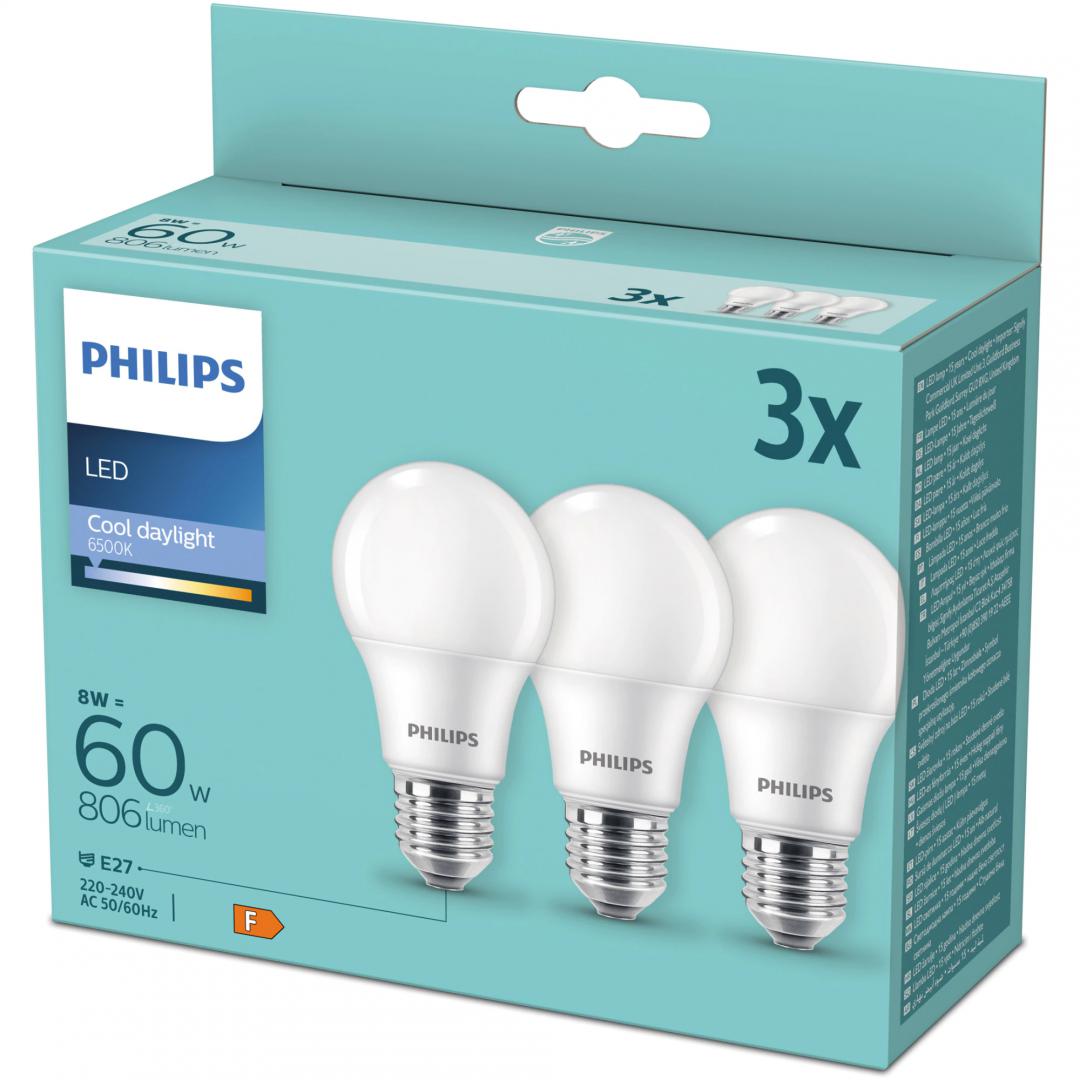 3 Becuri LED Philips A60, E27, 8W (60W), 806 lm, lumina rece (6500K),mat