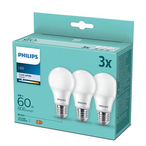 3 Becuri LED Philips A60, E27, 8W (60W), 806 lm, lumina neutra (4000K) ,mat