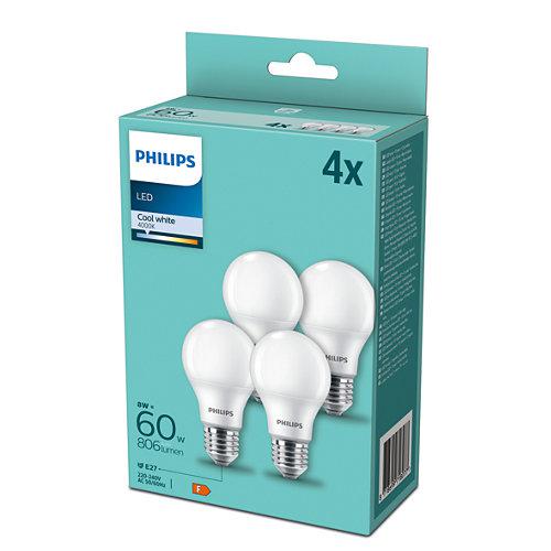 4 Becuri LED Philips A60, E27, 8W (60W), 806 lm, lumina neutra (4000K) ,mat