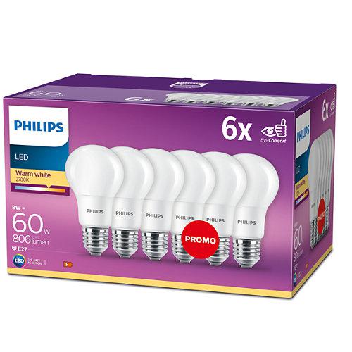 6 Becuri LED Philips A60, E27, 8W (60W), 806 lm, lumina calda (2700K) ,mat