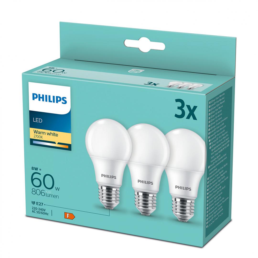 3 Becuri LED Philips A60, E27, 8W (60W), 806 lm, lumina calda (2700K) ,mat